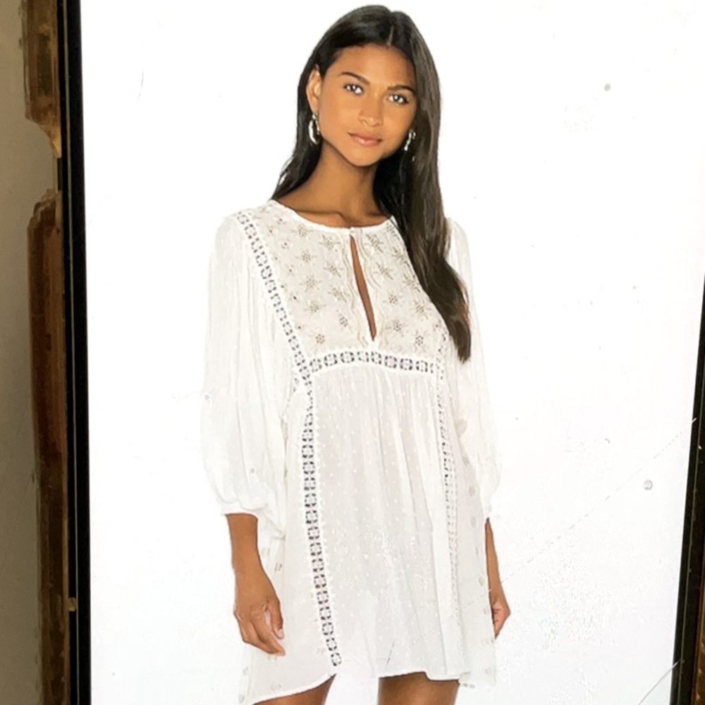 Lace Embroidered White/Gold Mini Sundress W/Bishop Sleeves Sz XXL